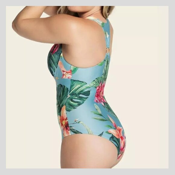 New! Leonisa Blue Floral Back Hardware Ring One Piece Swimsuit 35127 - Picture 2 of 11